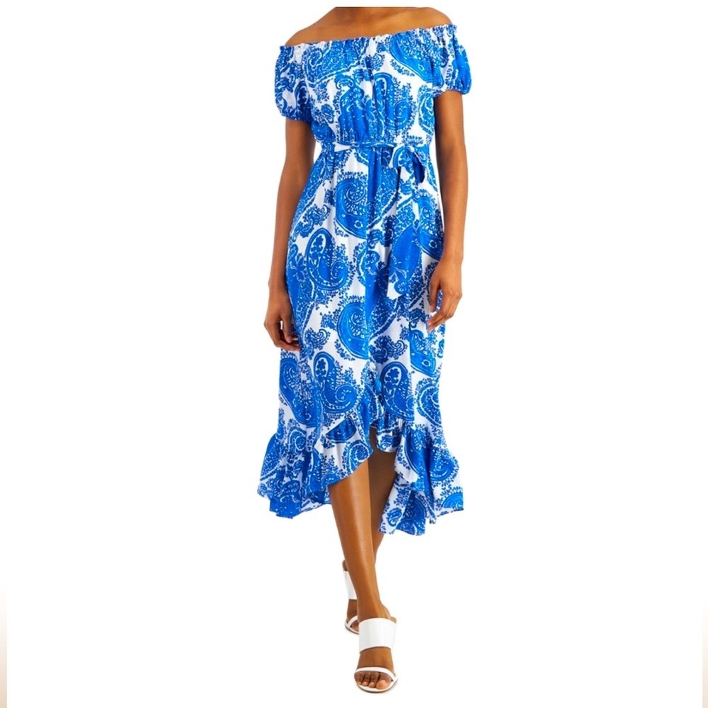 NWT Bar III Blue Paisley Off-Shoulder High Low Dress S